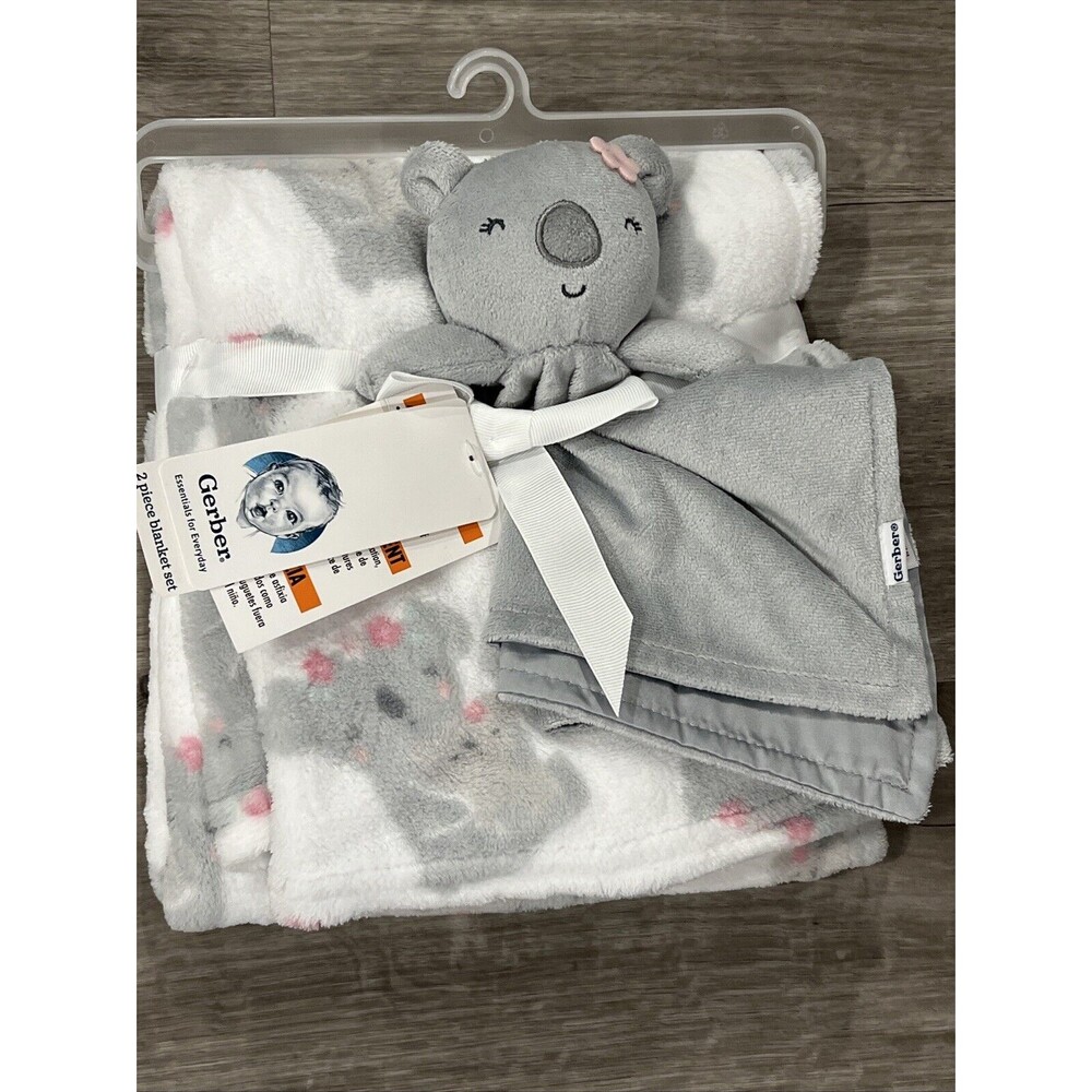 Gerber Gray Koala Bear Baby Blanket & Lovey Set Pink Flower Embroidered New